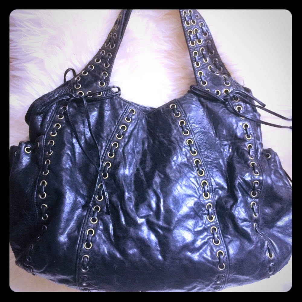 KOOBA black leather grommet lace up bag